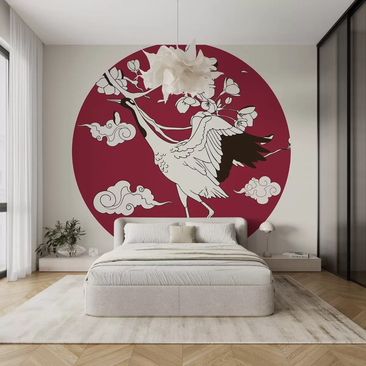 murales de pared Dibujo en círculo, flores, nubes en estilo japonés, grulla, parte roja w02538v1