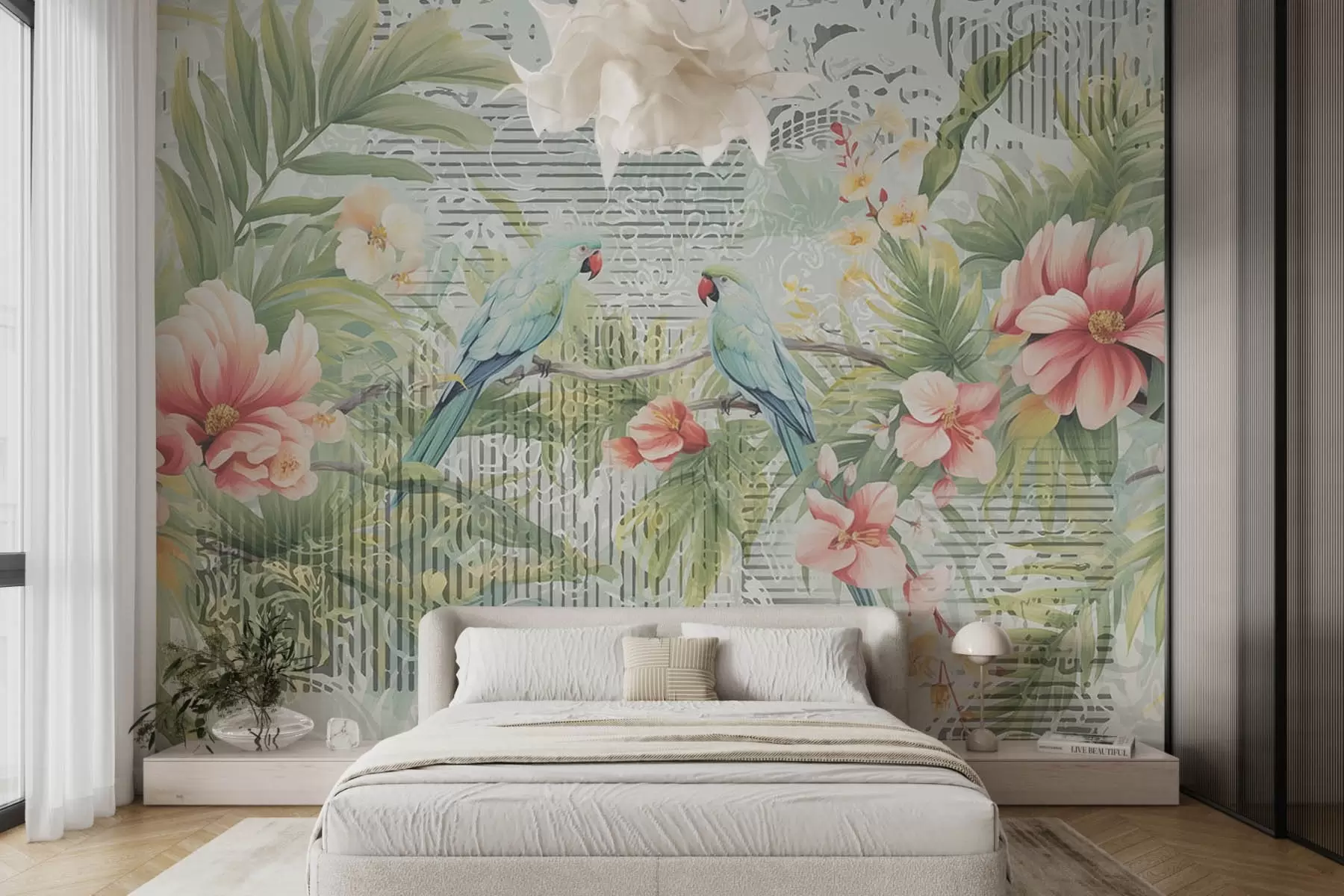 murales de pared Loros en arbustos tropicales w08508