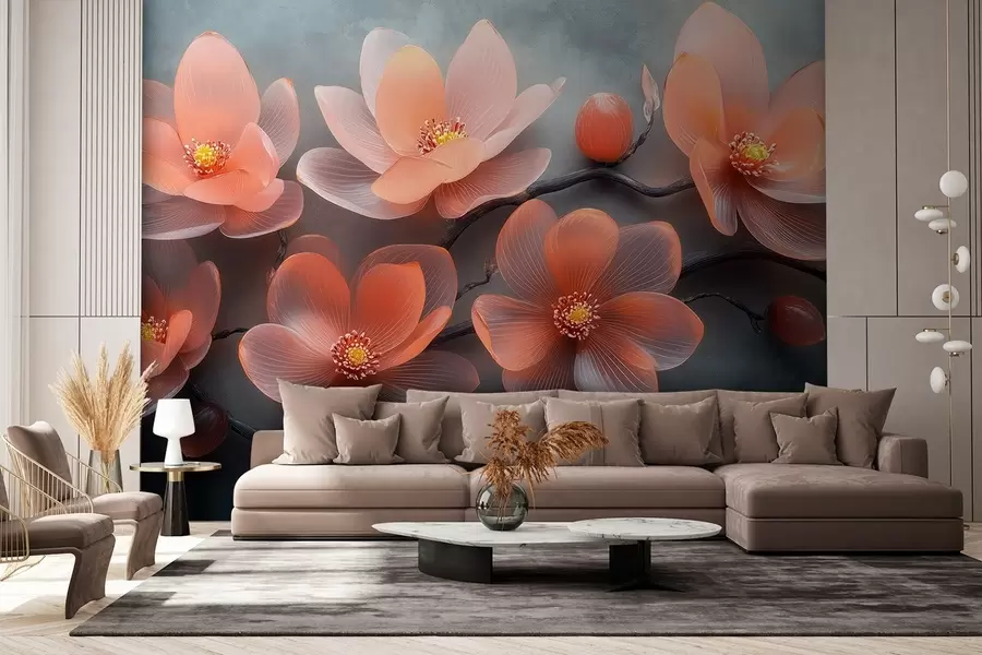 murales de pared Un ramo de flores de magnolia de cristal translúcido sobre un fondo de hormigón gris w08497