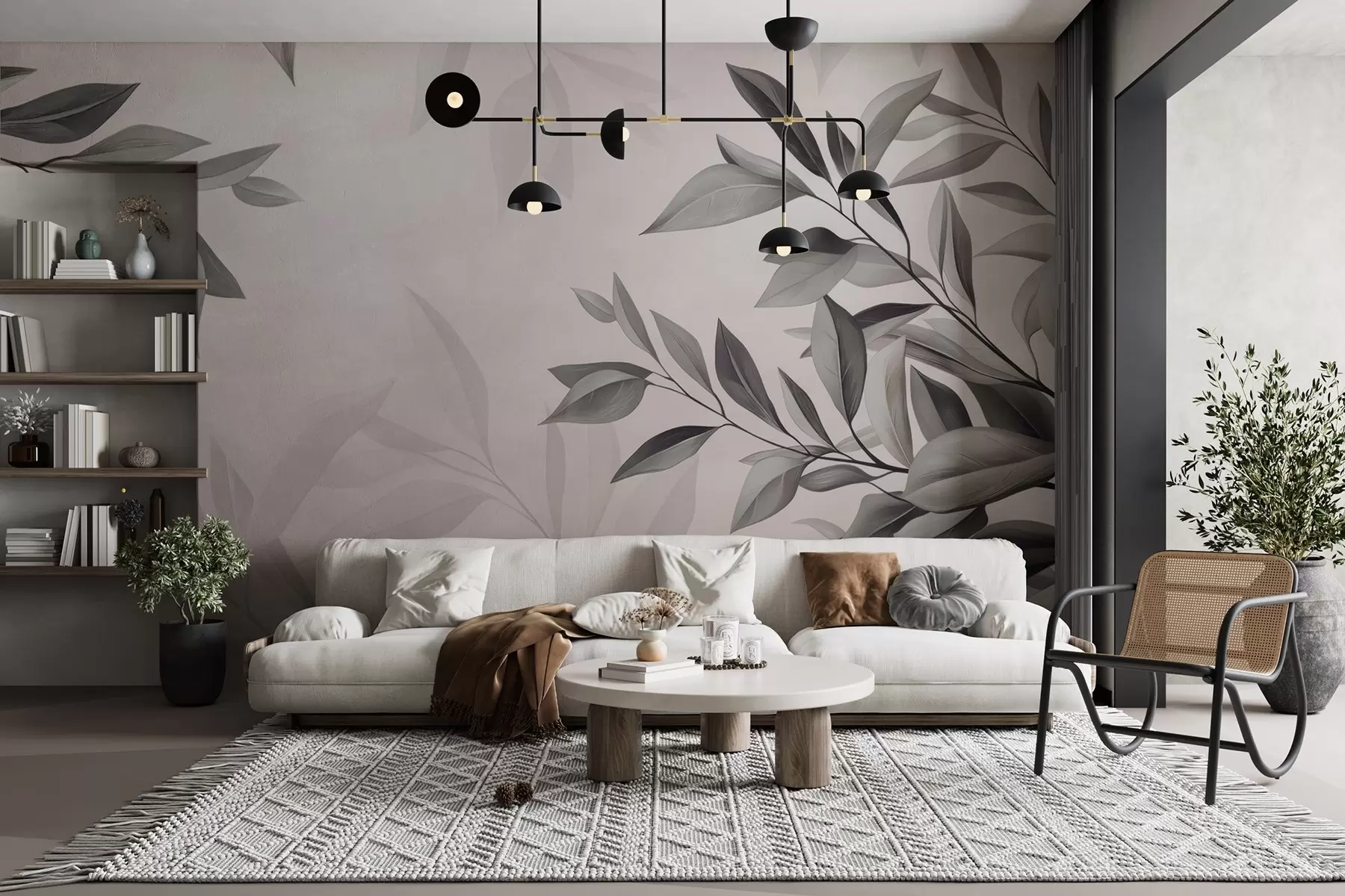 murales de pared Ramas azul oscuro con hojas sobre fondo gris w08499v1