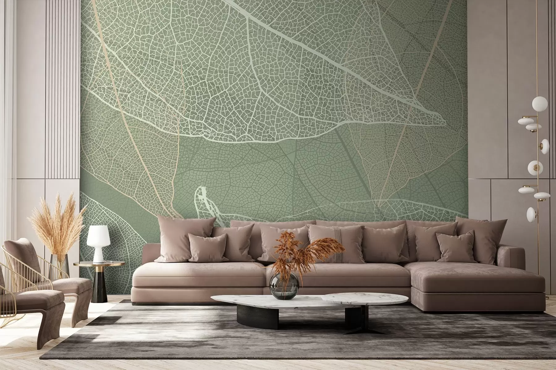 murales de pared primer plano de hojas con venas en tonos verde claro w02520