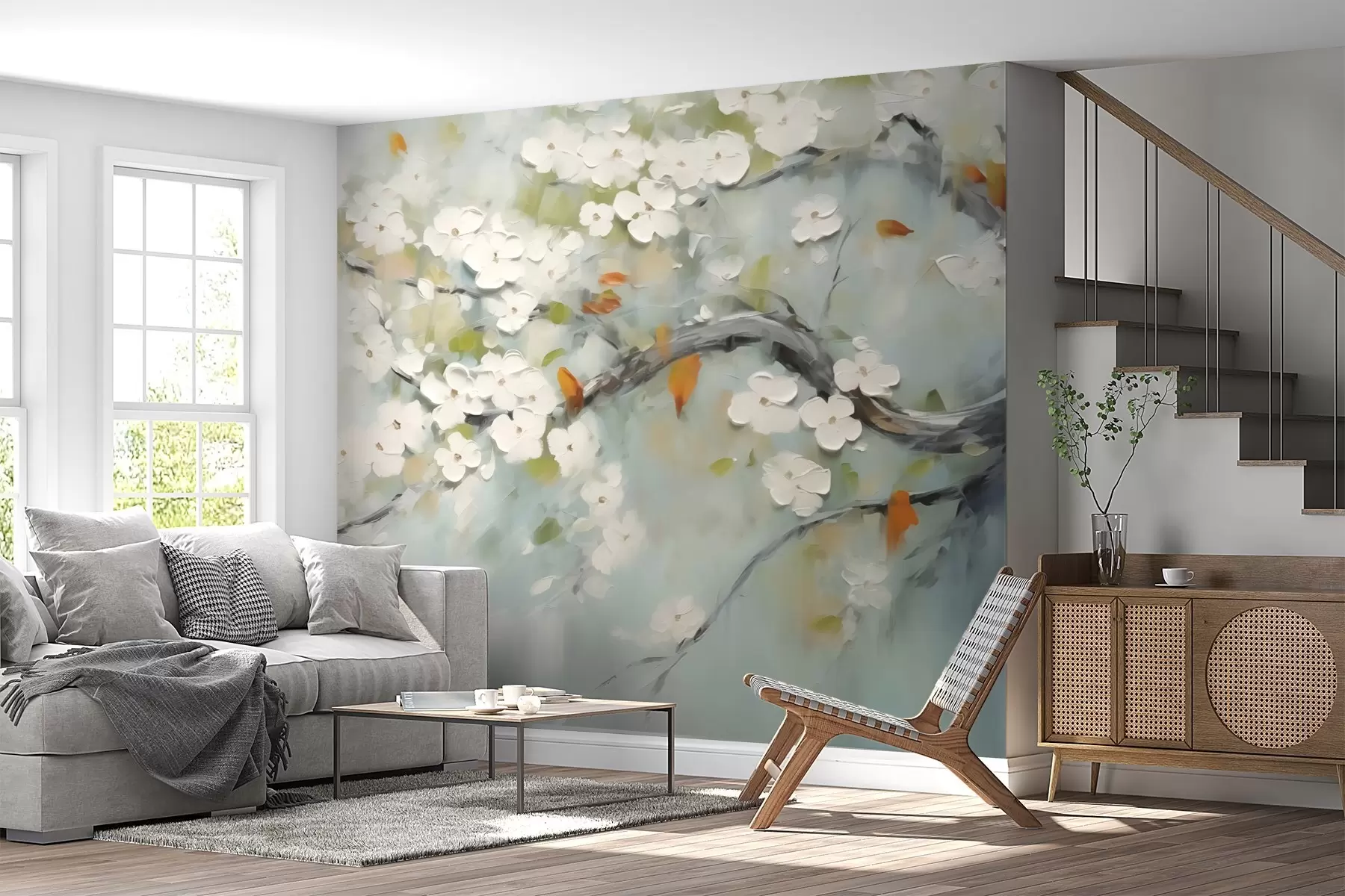 murales de pared Rama con flores blancas imitación de trazos de pintura w02589