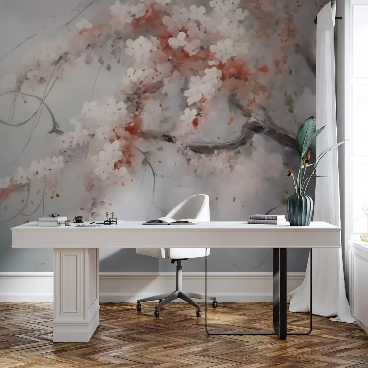 murales de pared Rama abstracta con flores blancas y rojas imitación de pintura w02594