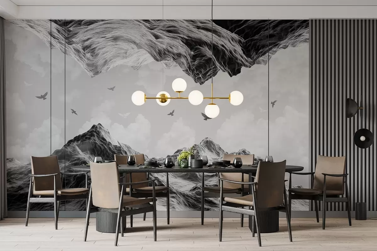 murales de pared Paisaje de montaña, realismo, pájaros volando, naturaleza, nubes, colores blanco y negro w02514