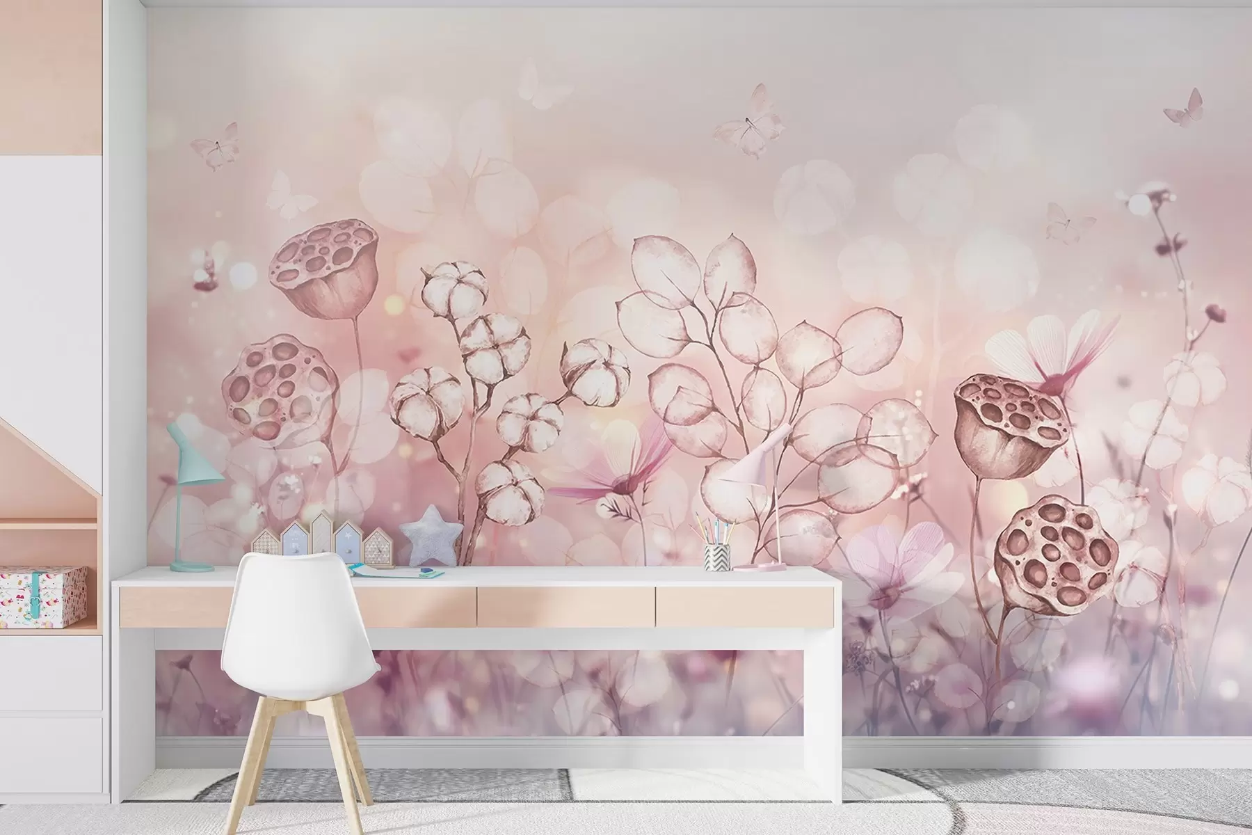 murales de pared Jardín de flores de ensueño, mariposa, flores de algodón, lotos, colores rosas w02516