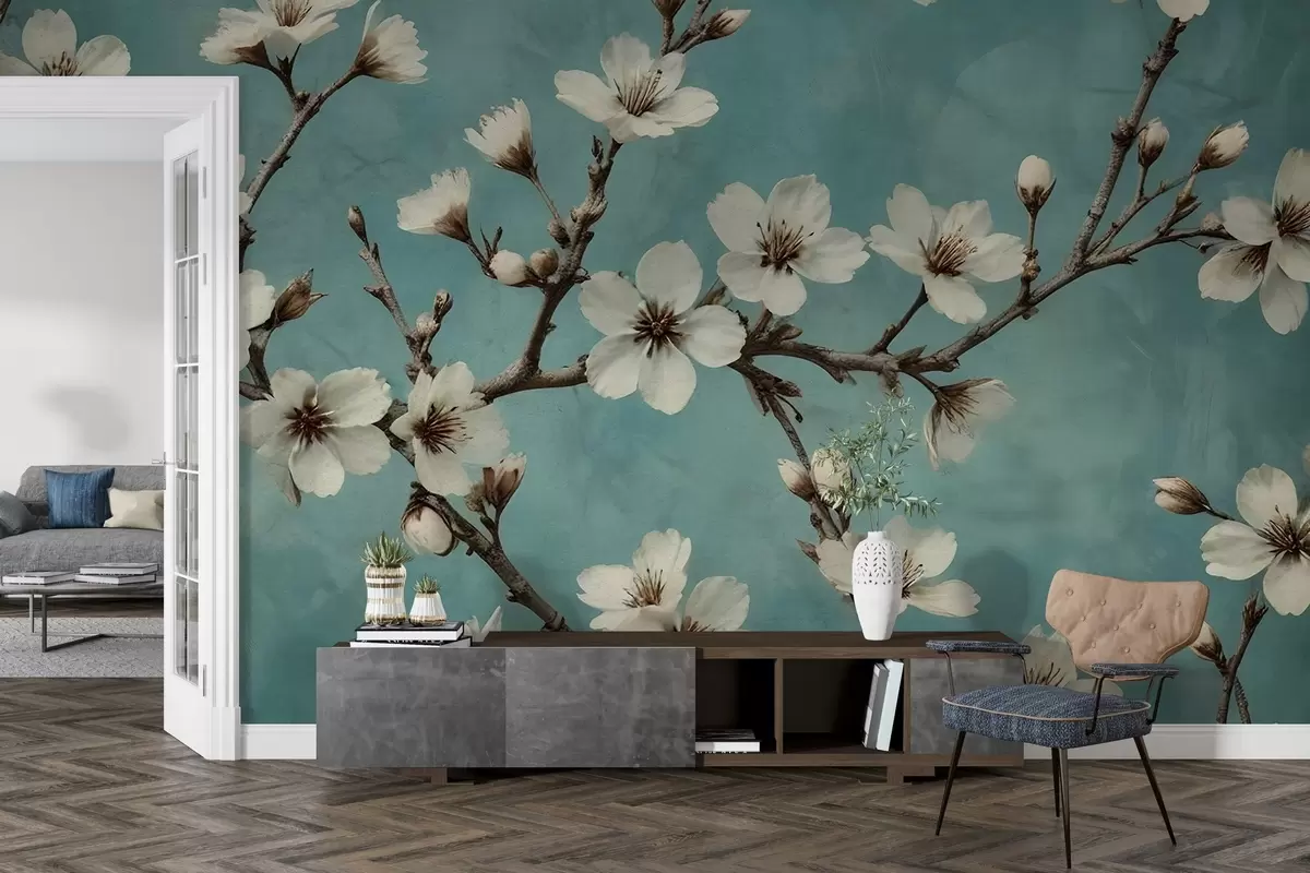 murales de pared Ramas en flor sobre fondo de hormigón w02610