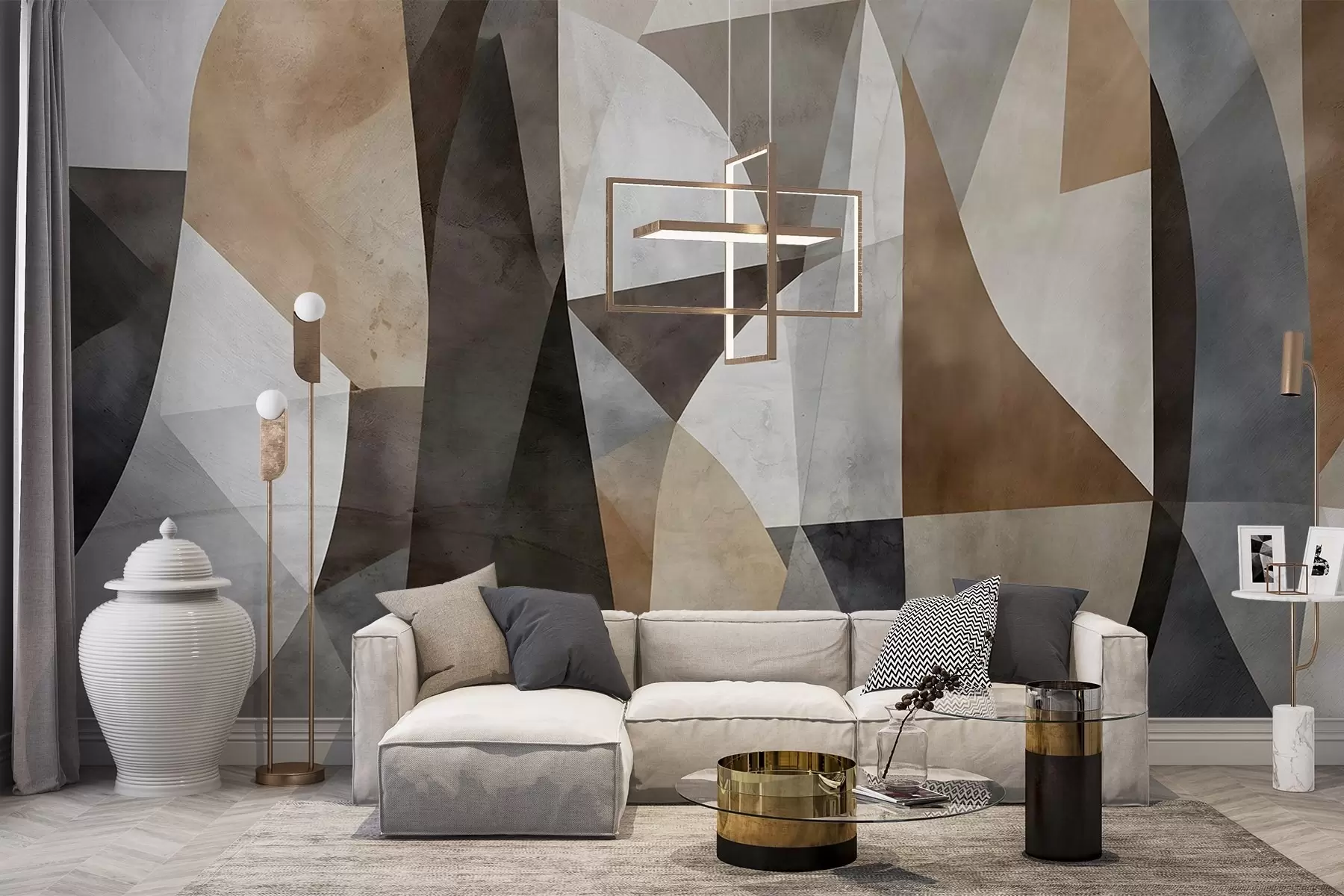 murales de pared Arte moderno abstracto de formas geométricas texturadas en tonos marrones, grises y beige w08530