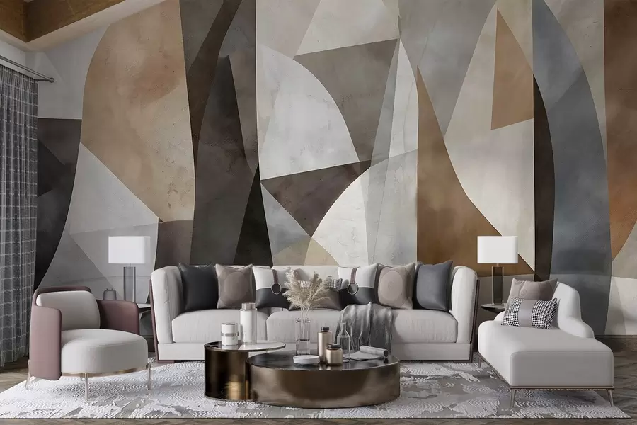 murales de pared Arte moderno abstracto de formas geométricas texturadas en tonos marrones, grises y beige w08530