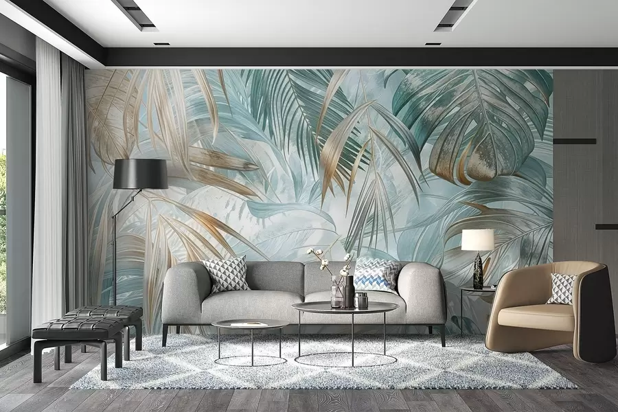 murales de pared Un estampado floral abstracto tropical con grandes hojas de palmera en tonos azules y beige crea un ambiente exuberante w08532