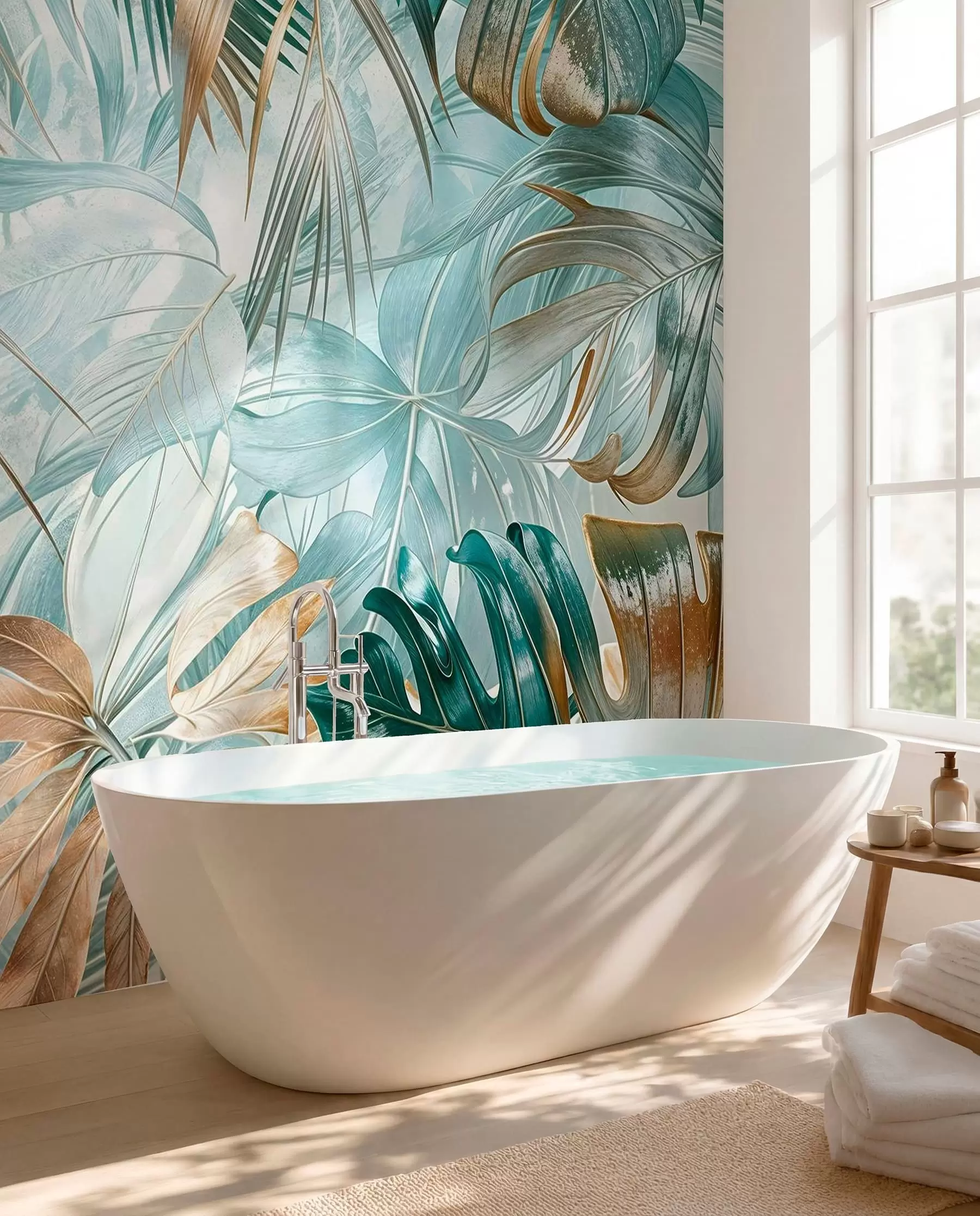 murales de pared Un estampado floral abstracto tropical con grandes hojas de palmera en tonos azules y beige crea un ambiente exuberante w08532