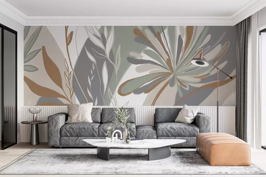 murales de pared Estampado abstracto floral minimalista con hojas y pétalos estilizados en tonos verdes, grises y beige w08536