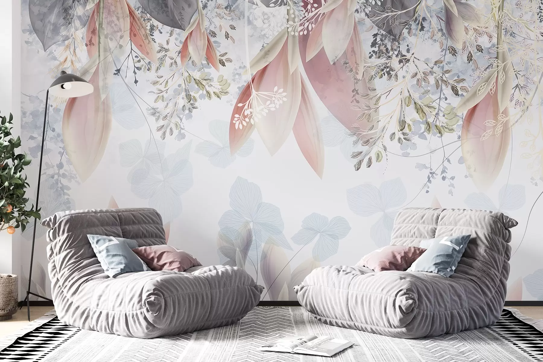 murales de pared Suave estampado floral en tonos pastel con delicados pétalos y hojas en tonos rosa, blanco y gris w08538