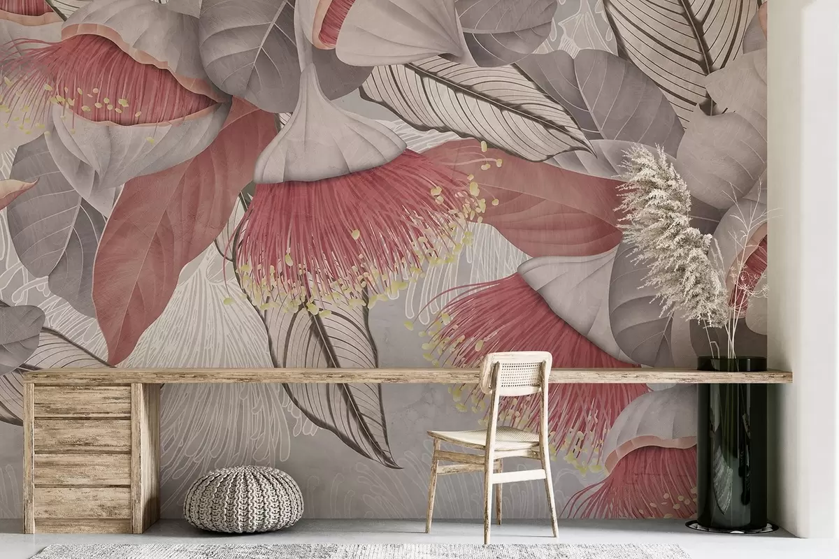 murales de pared Ilustración botánica de grandes flores de eucalipto con largos estambres sobre fondo gris y blanco w08539