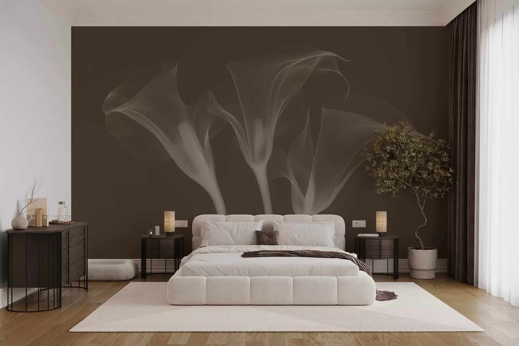 murales de pared flores de Zantedeschia transparentes sobre fondo oscuro w02632v1
