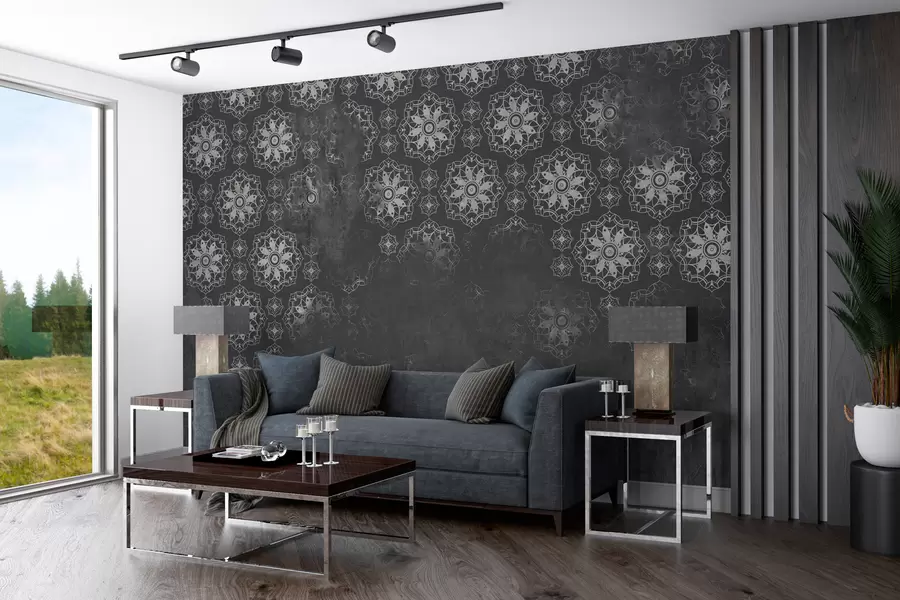 murales de pared Diseño vintage con elementos de mandala y efecto envejecido en gris w02551v1