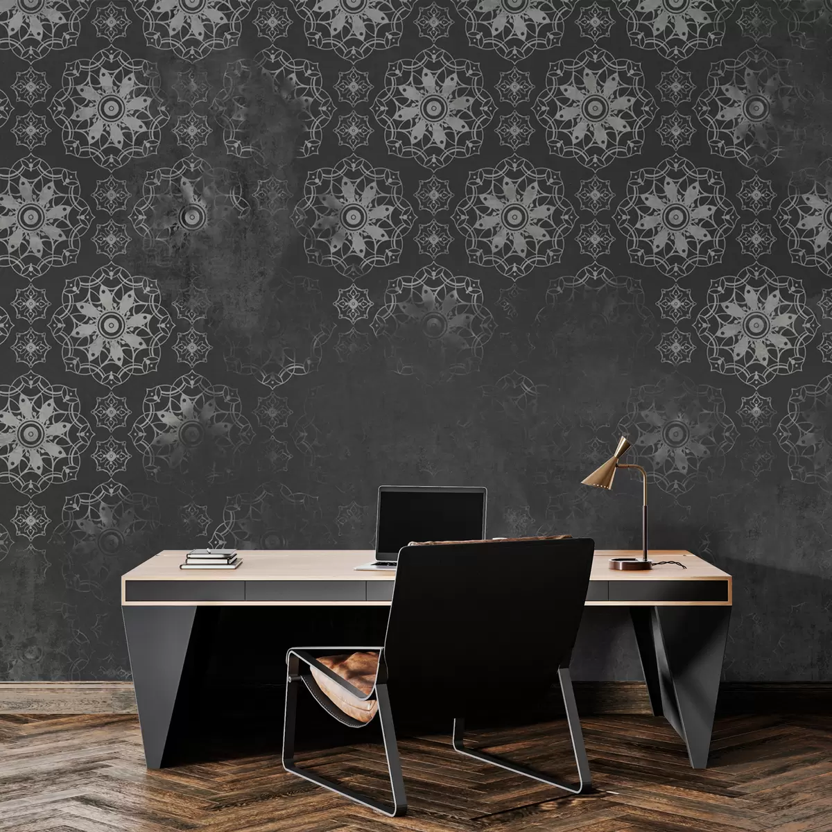 murales de pared Diseño vintage con elementos de mandala y efecto envejecido en gris w02551v1