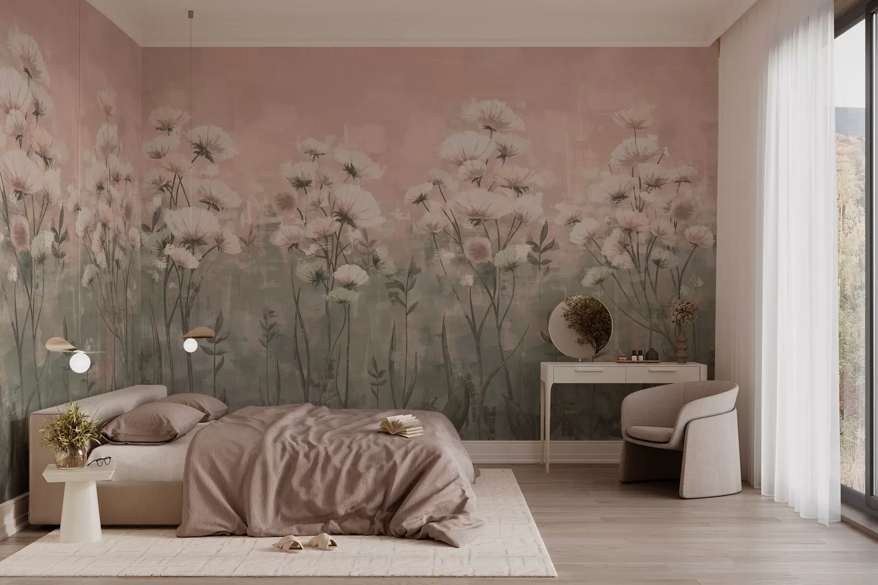 murales de pared Delicadas flores silvestres con efecto de pinceladas en rosa w02629