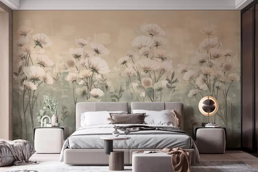 murales de pared Delicadas flores silvestres con efecto de pinceladas en amarillo y beige w02629v1