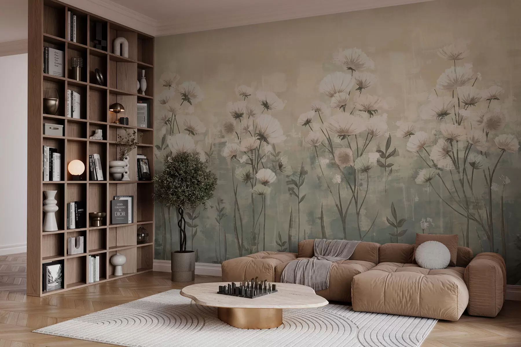 murales de pared Delicadas flores silvestres con efecto de pinceladas en amarillo y beige w02629v1