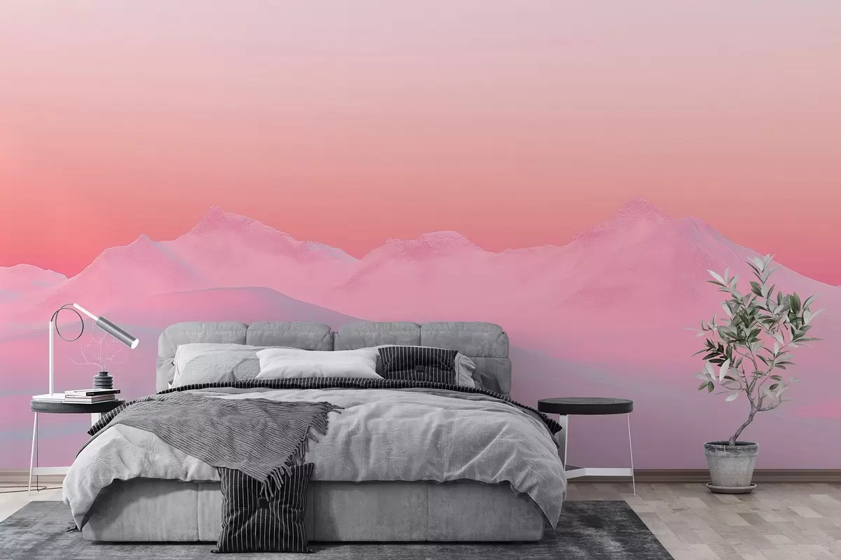 murales de pared Suave puesta de sol frambuesa con las montañas y el cielo como telón de fondo w02234