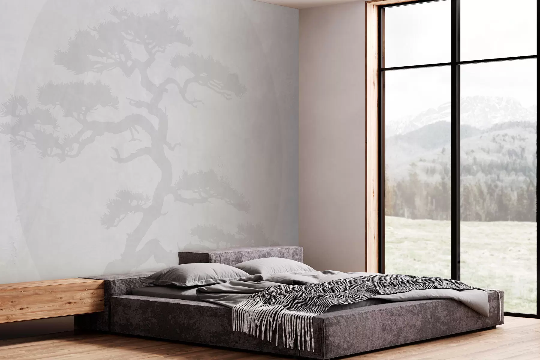 murales de pared Árbol bonsái japonés y geometría de fondo grunge w08554