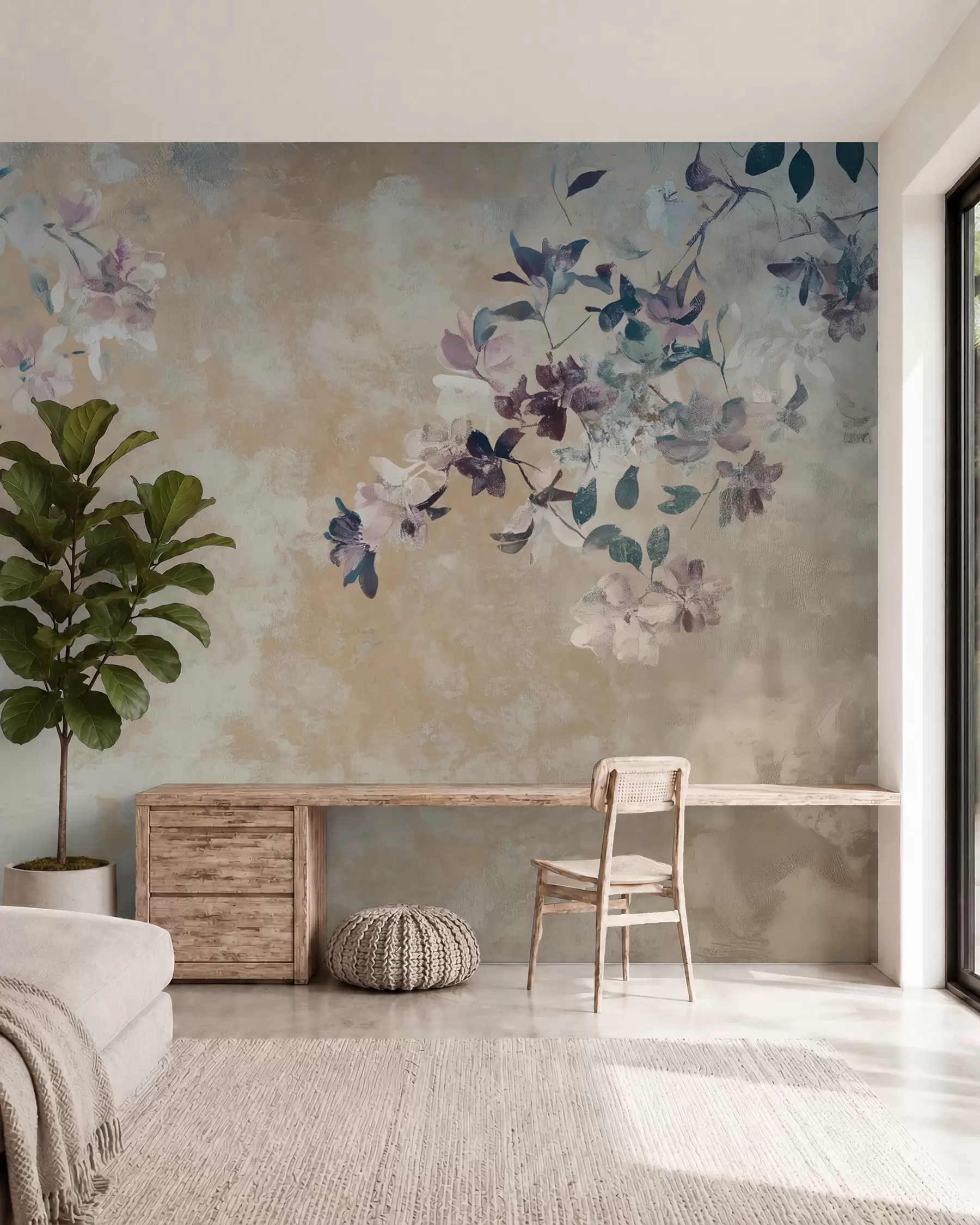 murales de pared papel pintado de estilo retro con ramas y flores w02686