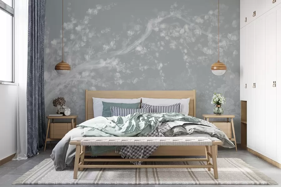 murales de pared Impresión borrosa y desenfocada con un blanco brumoso de ramas de árbol con fondo floral de luz suave  w08581