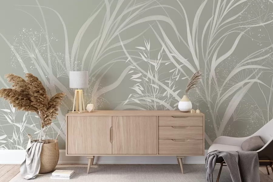 murales de pared Delicado y moderno estampado floral minimalista en blanco sobre fondo verde pastel claro w08583v1