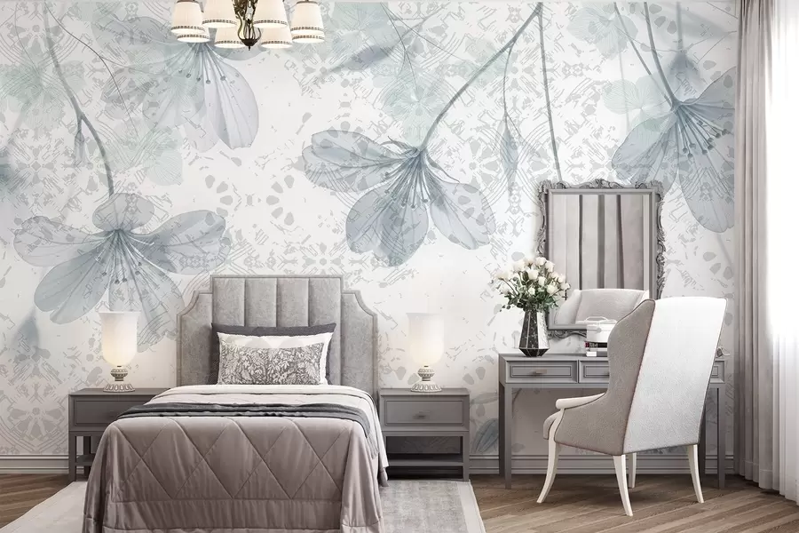 murales de pared Delicadas flores azules y blancas con largos tallos y pétalos sobre un fondo de textura suave y difuminada w08588