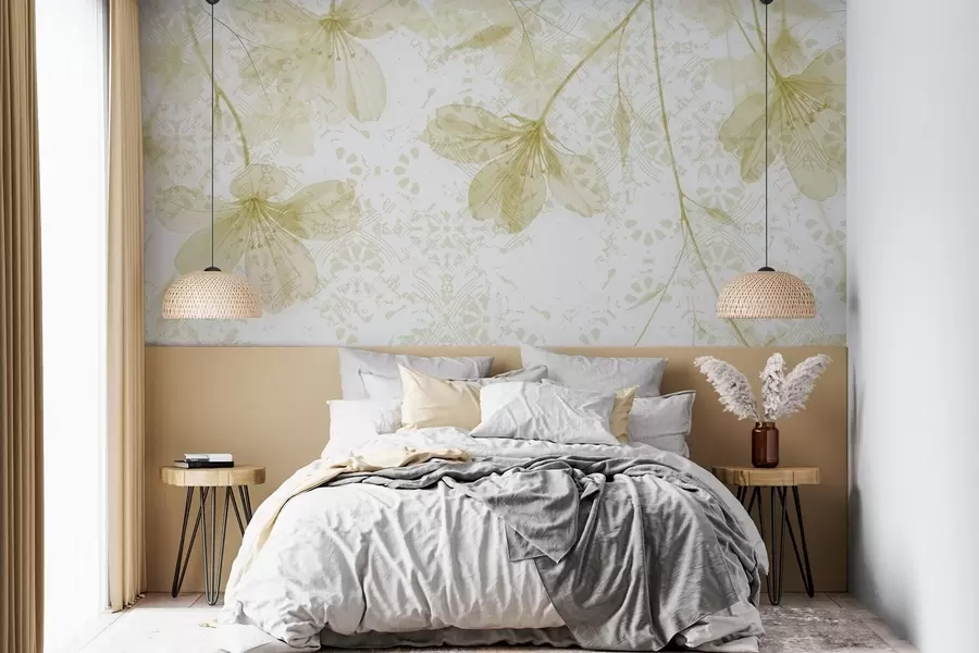 murales de pared Delicadas flores amarillas y blancas con largos tallos y pétalos sobre un fondo de textura suave y difuminada w08588v2