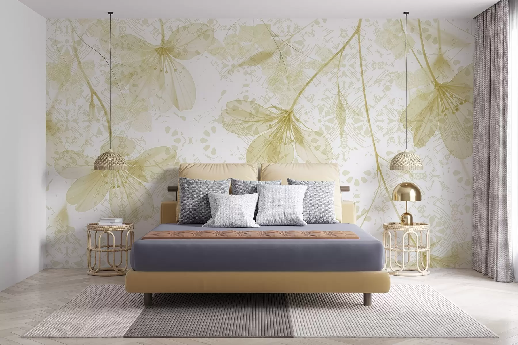 murales de pared Delicadas flores amarillas y blancas con largos tallos y pétalos sobre un fondo de textura suave y difuminada w08588v2