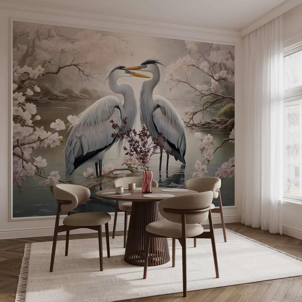 murales de pared Una pareja de cigüeñas en un jardín en flor w02621