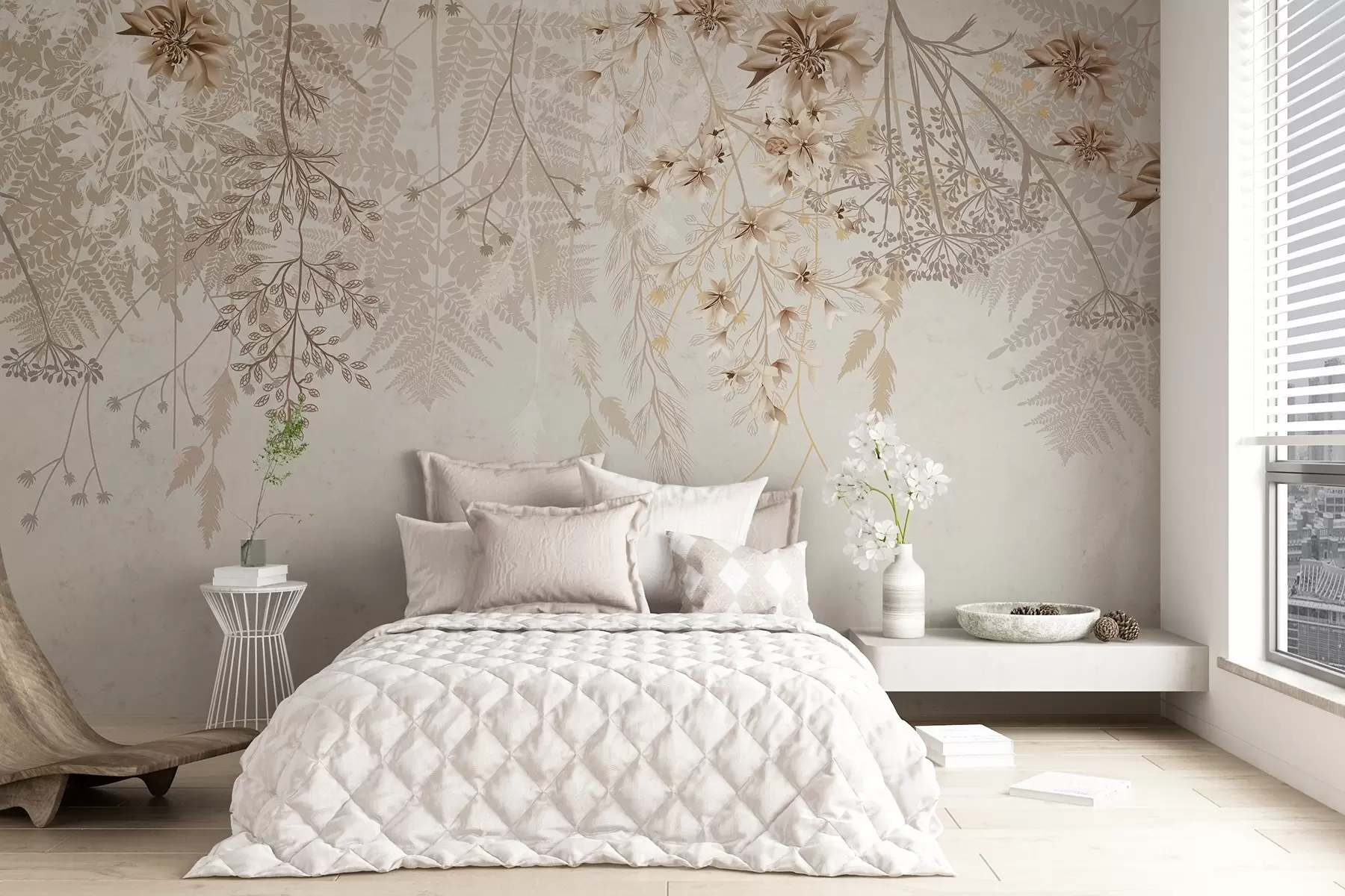 murales de pared Delicadas ramas florales y hierba con flores blancas, grises y beige que caen en cascada sobre un fondo claro w08598