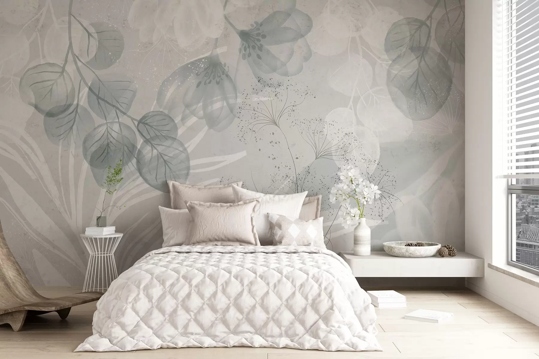 murales de pared Elementos florales de eucalipto en tonos azules y blancos con hojas y pétalos superpuestos de estilo minimalista w08599