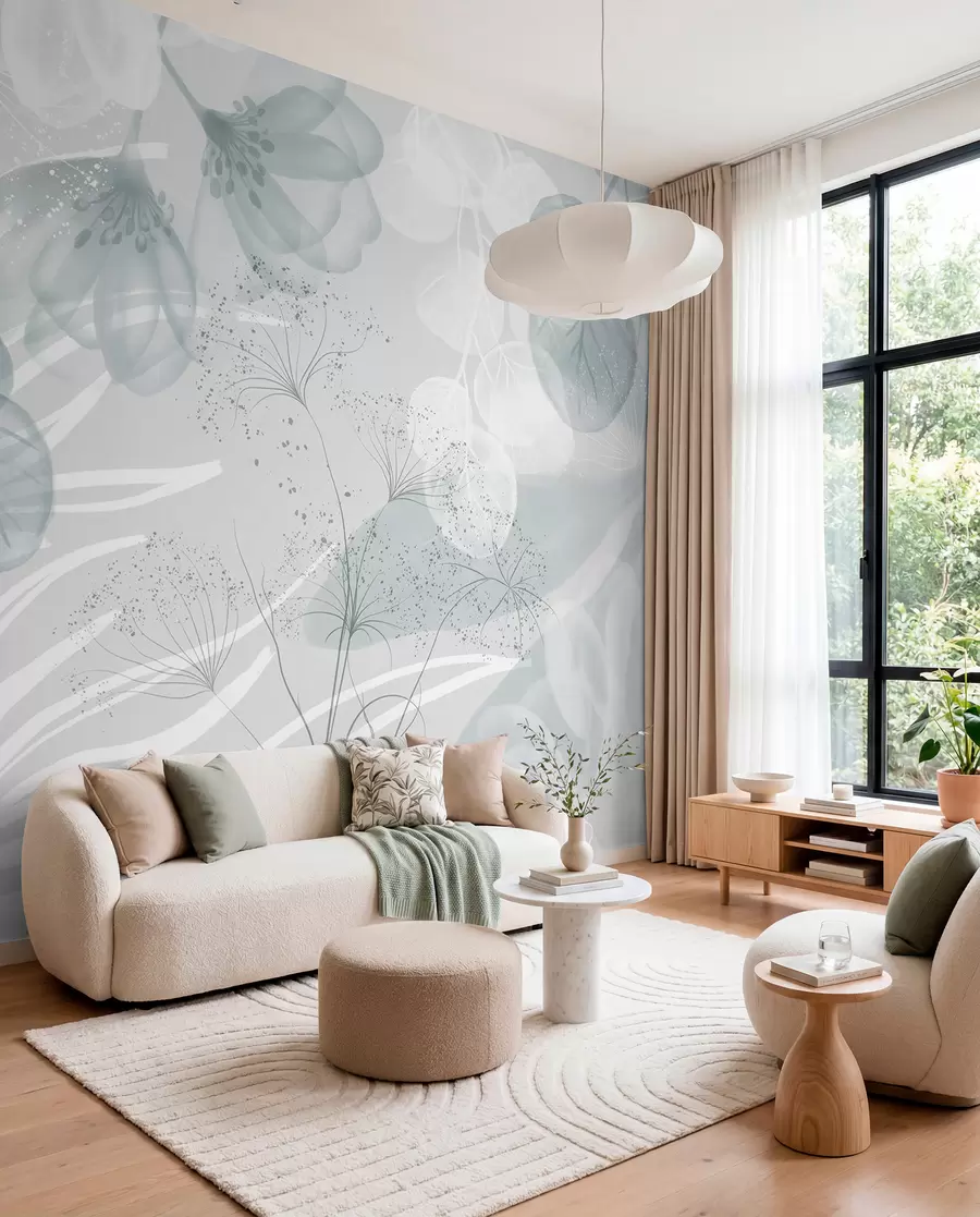 murales de pared Elementos florales de eucalipto en tonos azules y blancos con hojas y pétalos superpuestos de estilo minimalista w08599