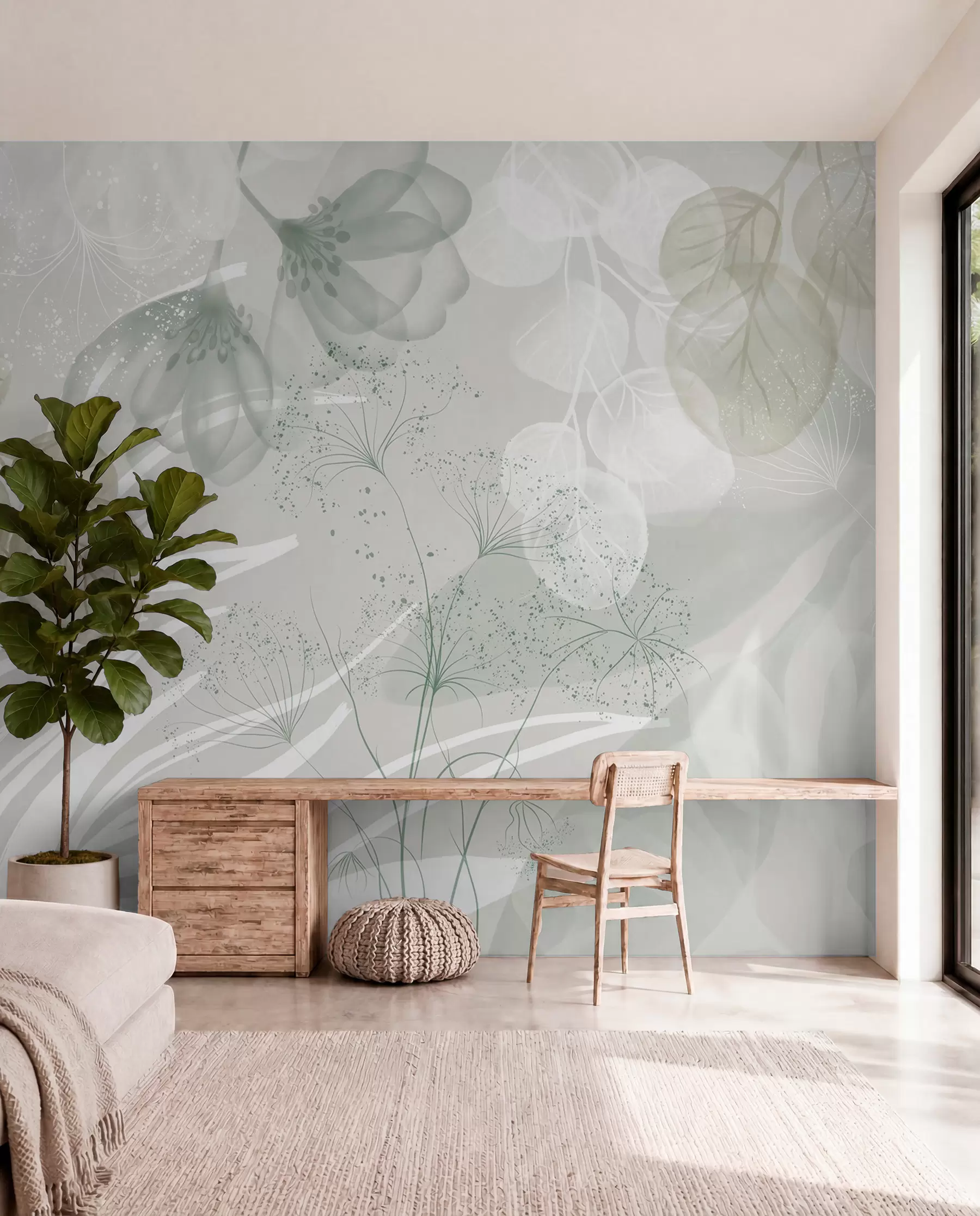 murales de pared Elementos florales de eucalipto en tonos verdes y blancos con hojas y pétalos superpuestos de estilo minimalista w08599v1