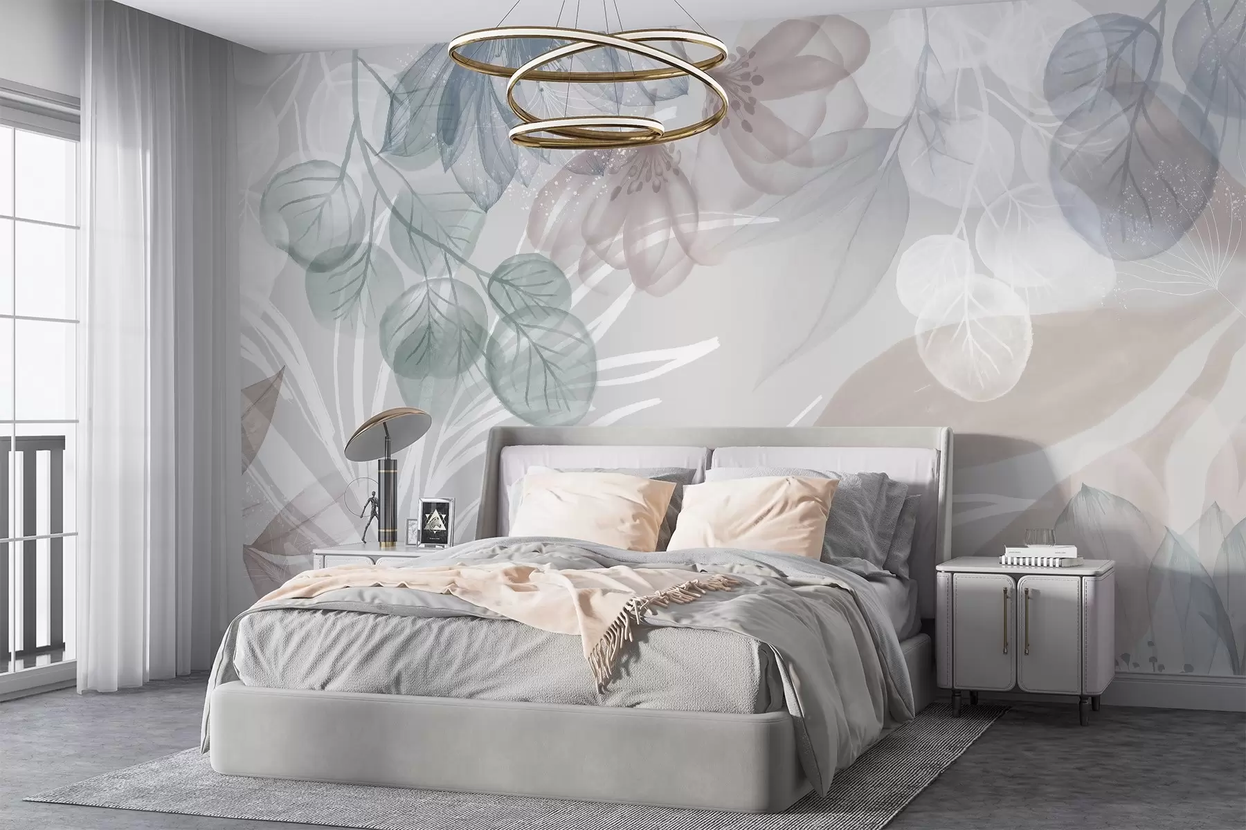 murales de pared Estampado floral en tonos pastel con grandes flores y hojas abstractas transparentes en tonos grises, rosas y verdes w08600