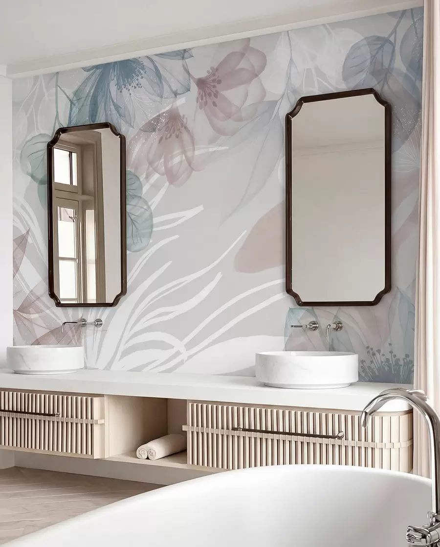 murales de pared Estampado floral en tonos pastel con grandes flores y hojas abstractas transparentes en tonos grises, rosas y verdes w08600
