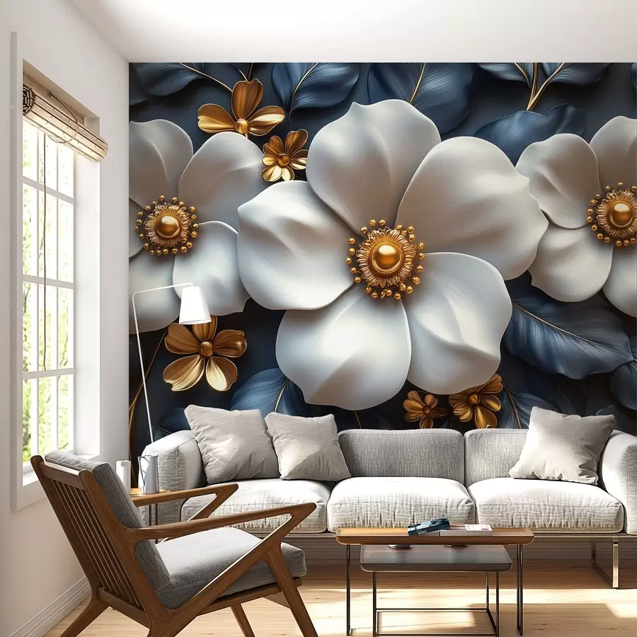 murales de pared Grandes flores blancas sobre un elegante fondo azul con hojas w08559