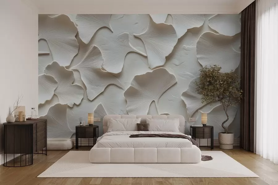murales de pared Estuco con delicado relieve de hojas de ginkgo sobre fondo blanco w08560v1
