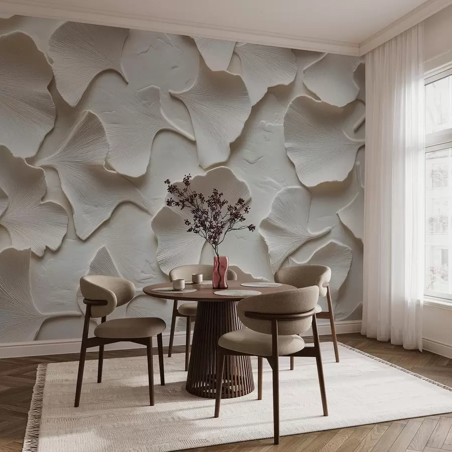 murales de pared Estuco con delicado relieve de hojas de ginkgo sobre fondo blanco w08560v1