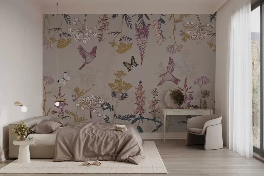 murales de pared un conjunto de flores silvestres y pájaros sobre fondo beige w02634