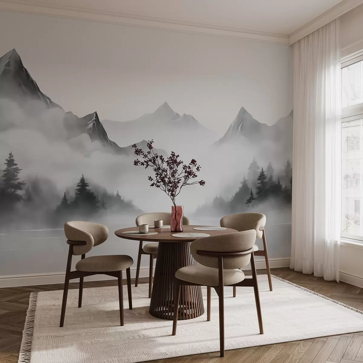 murales de pared Siluetas de montañas y bosques imitación de acuarela difuminada w02706