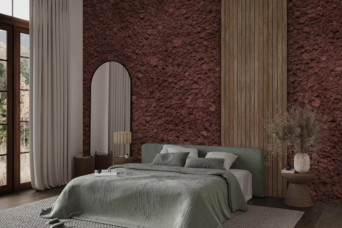 murales de pared Pared estilo musgo con panel de madera, exuberantes colores burdeos w02656v1