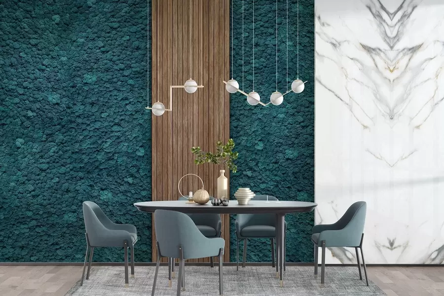 murales de pared Pared estilo musgo con panel de madera, exuberantes colores azules w02656v2