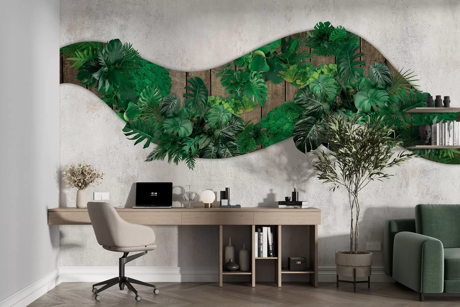 murales de pared Adorno de pared con plantas, musgo, hojas de palmera, fondo de madera, vegetación w02658v1
