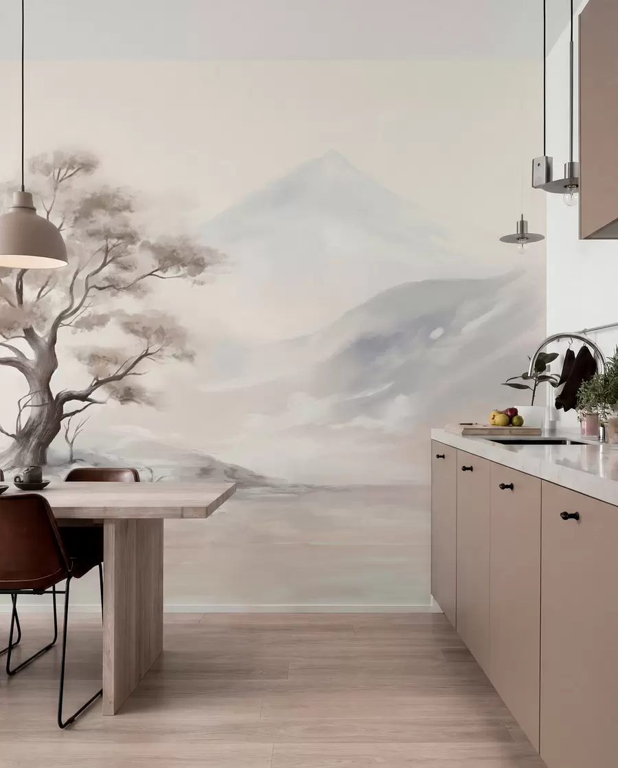 murales de pared Dibujo minimalista de un árbol solitario y retorcido en un paisaje desolado y rocoso con montañas al fondo  w08604