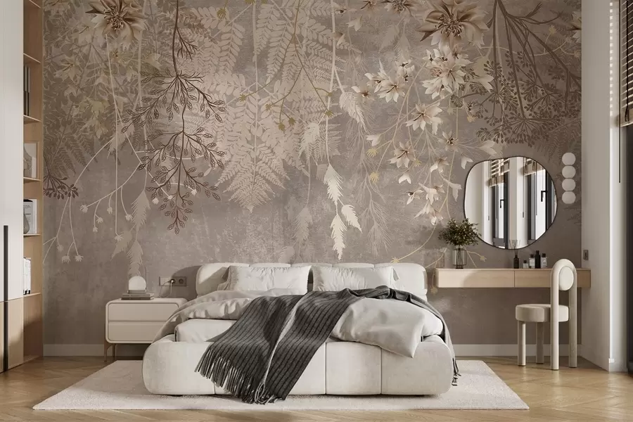 murales de pared Unas plantas de ensueño, delicadas y tenues, espiguillas y flores en colores pastel marrones sobre un fondo brumoso y texturizado w08606v1