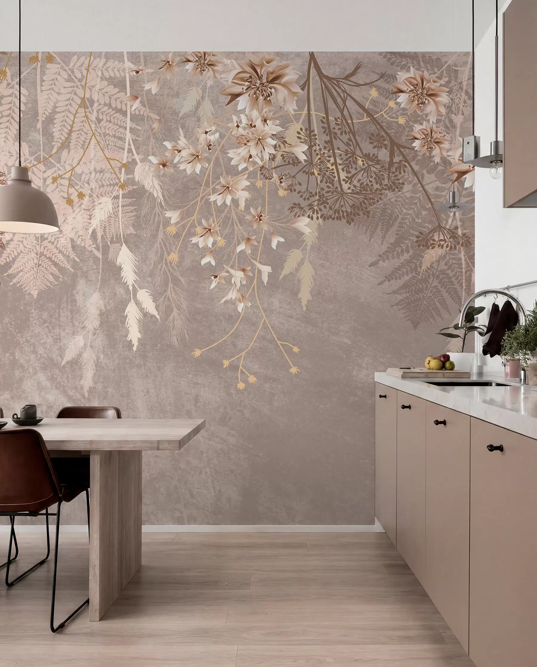 murales de pared Unas plantas de ensueño, delicadas y tenues, espiguillas y flores en colores pastel marrones sobre un fondo brumoso y texturizado w08606v1