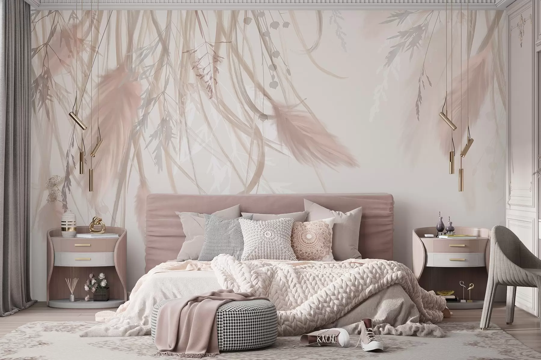 murales de pared Suave hierba de la pampa y espiguillas en tonos beige y rosa sobre un fondo claro w08611